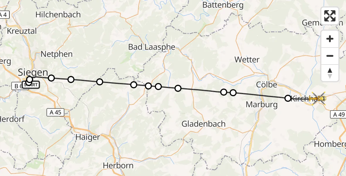 Flugroute Rettungshubschrauber Evangelisches Jung-Stilling Hospital - Kirchhain, 04 September 2026, 11:27