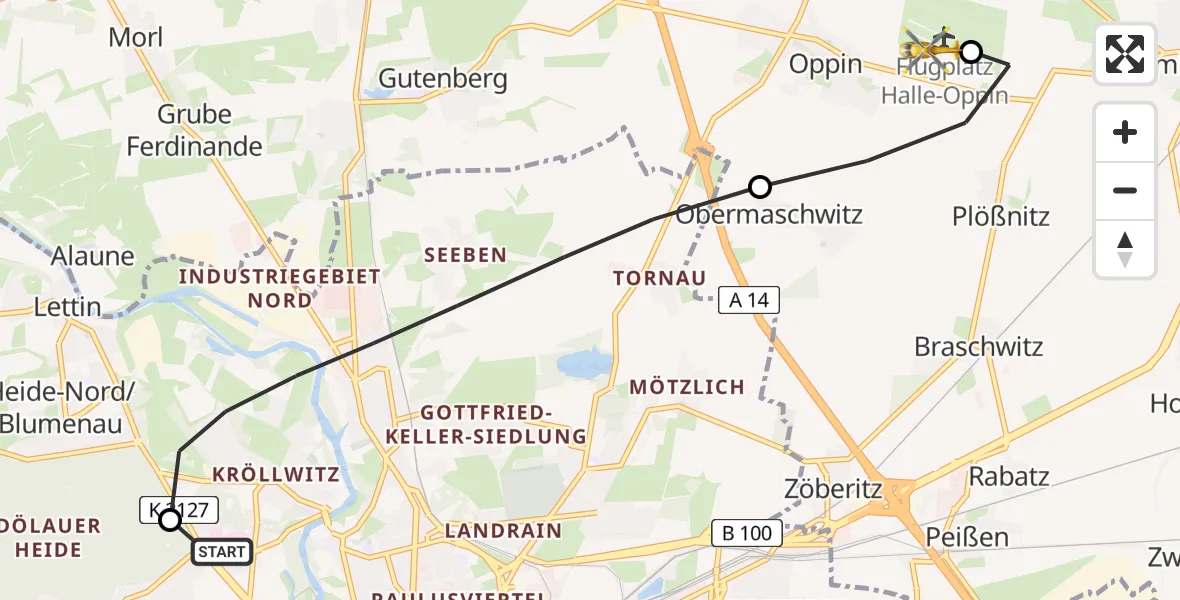 Flugroute Rettungshubschrauber Halle (Saale) University Hospital - Halle-Oppin Flugplatz, 04 September 2026, 11:31
