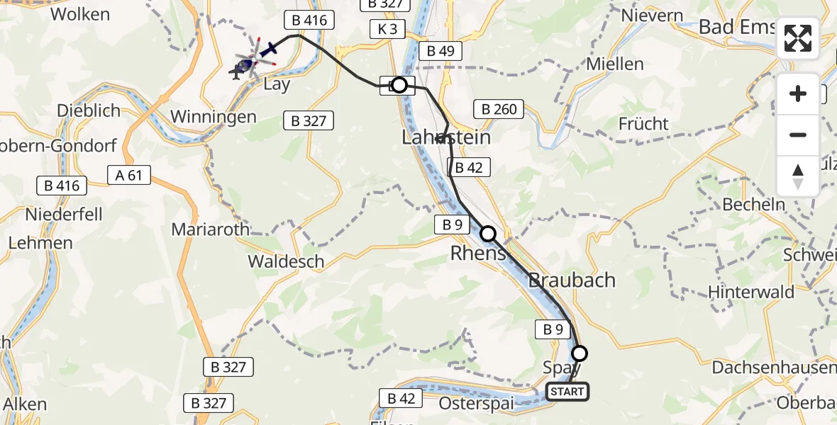 Flugroute Polizeihubschrauber Osterspai - Koblenz-Winningen Flugplatz, 04 September 2026, 11:38