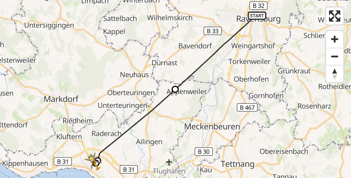 Flugroute Rettungshubschrauber Ravensburg - Friedrichshafen Hospital, 04 September 2026, 11:42