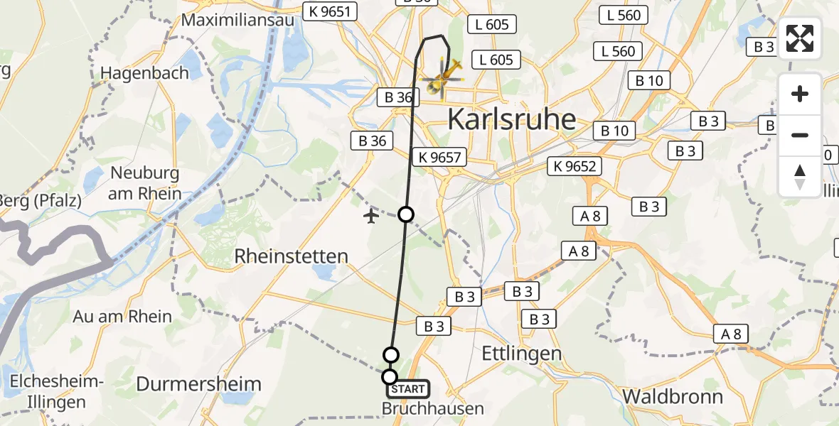 Flugroute Ambulanzhubschrauber Ettlingen - Karlsruhe, 04 September 2026, 11:47