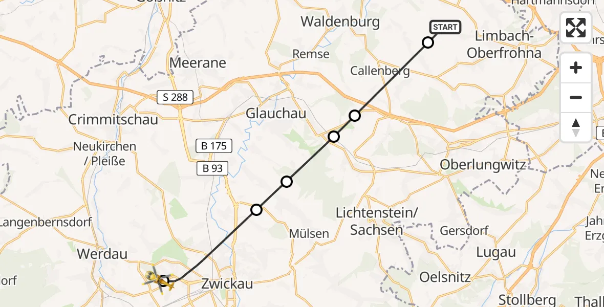 Flugroute Rettungshubschrauber Limbach-Oberfrohna - ADAC Air Rescue Station Zwickau Hubschrauberlandeplatz, 04 September 2026, 11:48