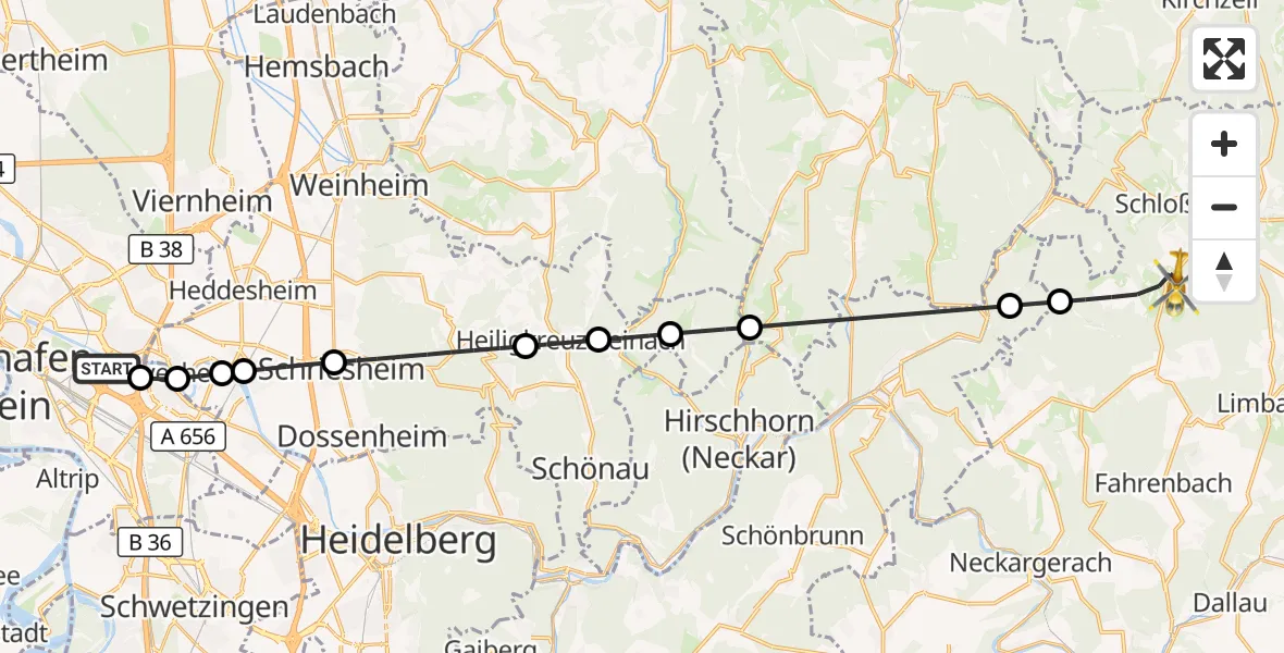 Flugroute Rettungshubschrauber Mannheim-City Flughafen - Mudau, 04 September 2026, 11:57