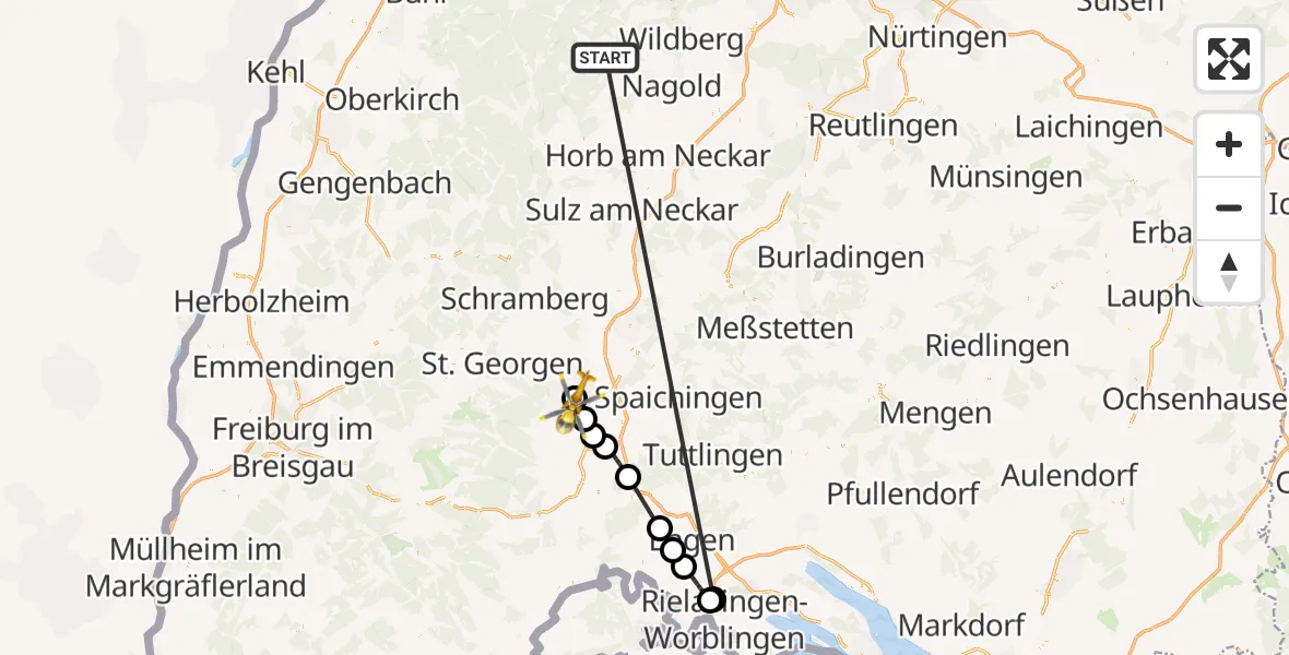 Flugroute Ambulanzhubschrauber Altensteig - DRF Air Rescue Station Villingen-Schwenningen Hubschrauberlandeplatz (Christoph 11), 04 September 2026, 11:58