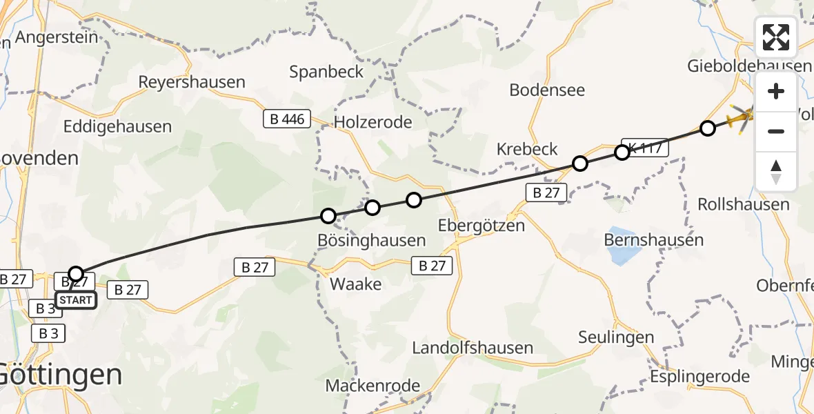 Flugroute Rettungshubschrauber Göttingen University Clinic Hubschrauberlandeplatz - Gieboldehausen, 04 September 2026, 11:59