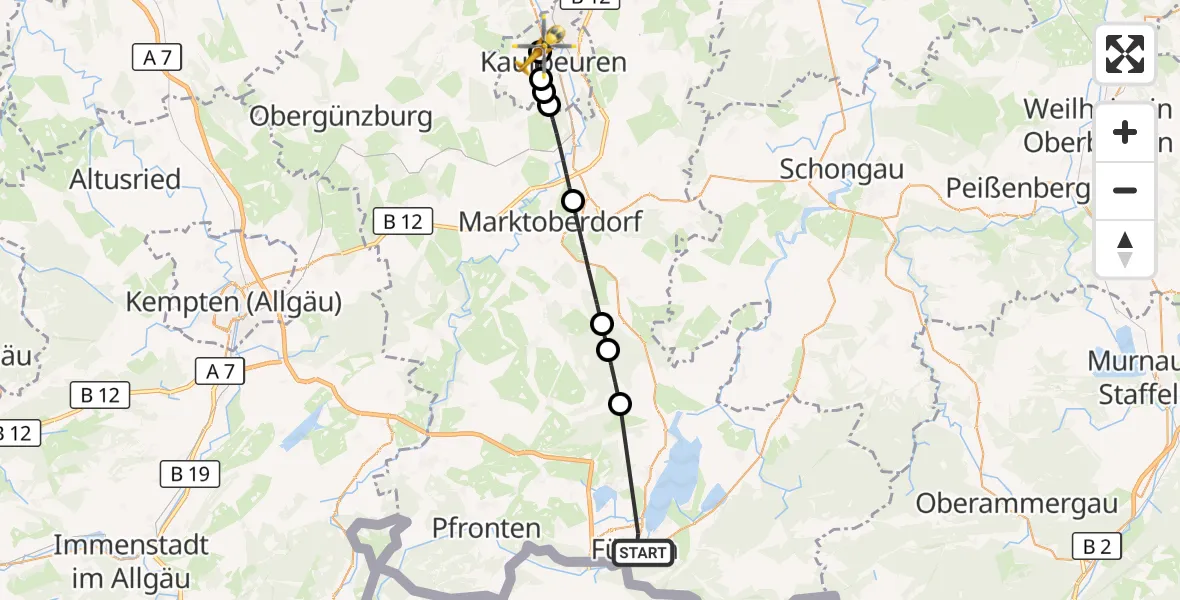 Flugroute Rettungshubschrauber Füssen - Ostallgäu-Kaufbeuren Hospital, 04 September 2026, 12:04