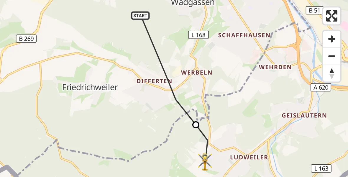 Flugroute Rettungshubschrauber Wadgassen - Völklingen, 04 September 2026, 12:07