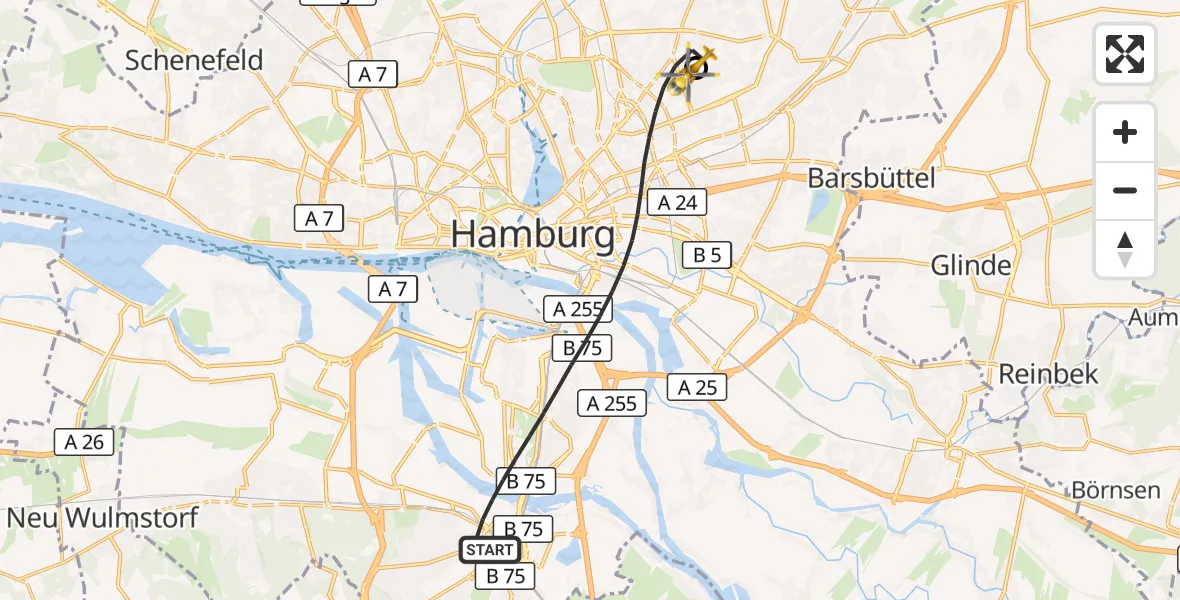 Flugroute Rettungshubschrauber Hamburg - Hamburg Military Hospital, 04 September 2026, 12:08