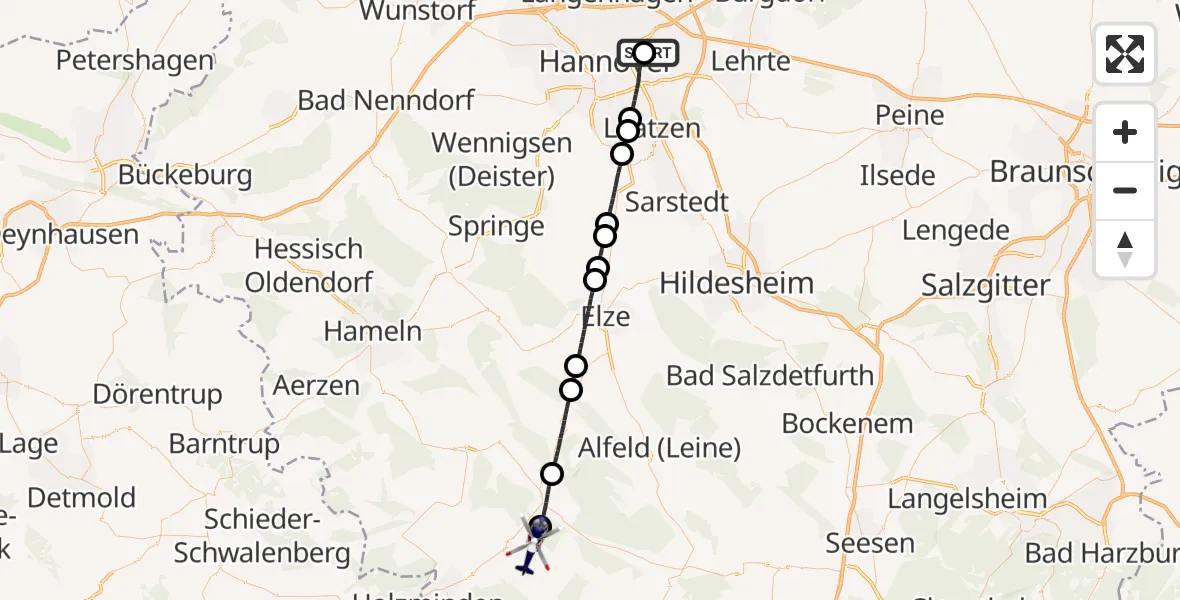 Flugroute Polizeihubschrauber Hannover Luftrettung Hubschrauberlandeplatz (Christoph 4) - Stadtoldendorf, 04 September 2026, 12:08
