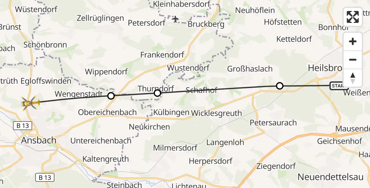 Flugroute Ambulanzhubschrauber Heilsbronn - Ansbach, 04 September 2026, 12:12