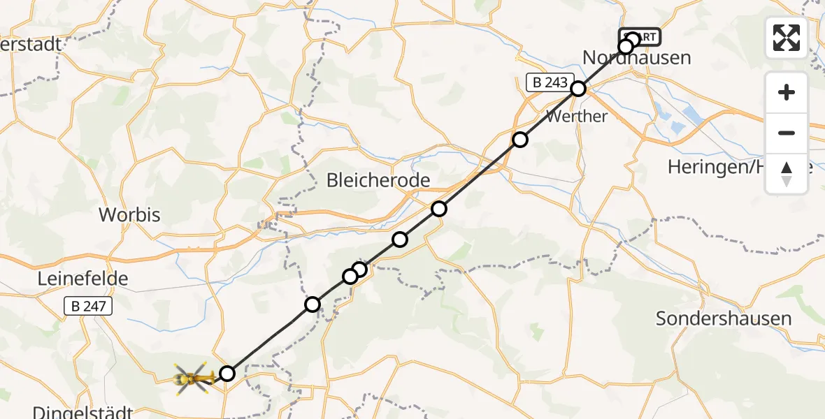 Flugroute Rettungshubschrauber Südharz Hospital Nordhausen - Dingelstädt, 04 September 2026, 12:18