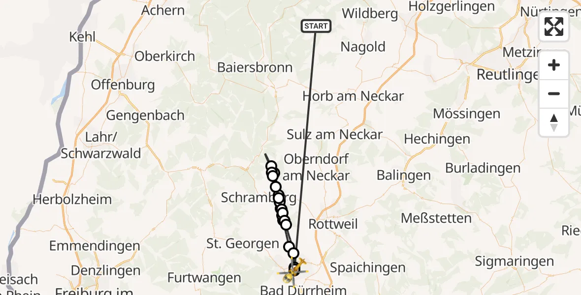 Flugroute Ambulanzhubschrauber Altensteig - DRF Air Rescue Station Villingen-Schwenningen Hubschrauberlandeplatz (Christoph 11), 04 September 2026, 12:18