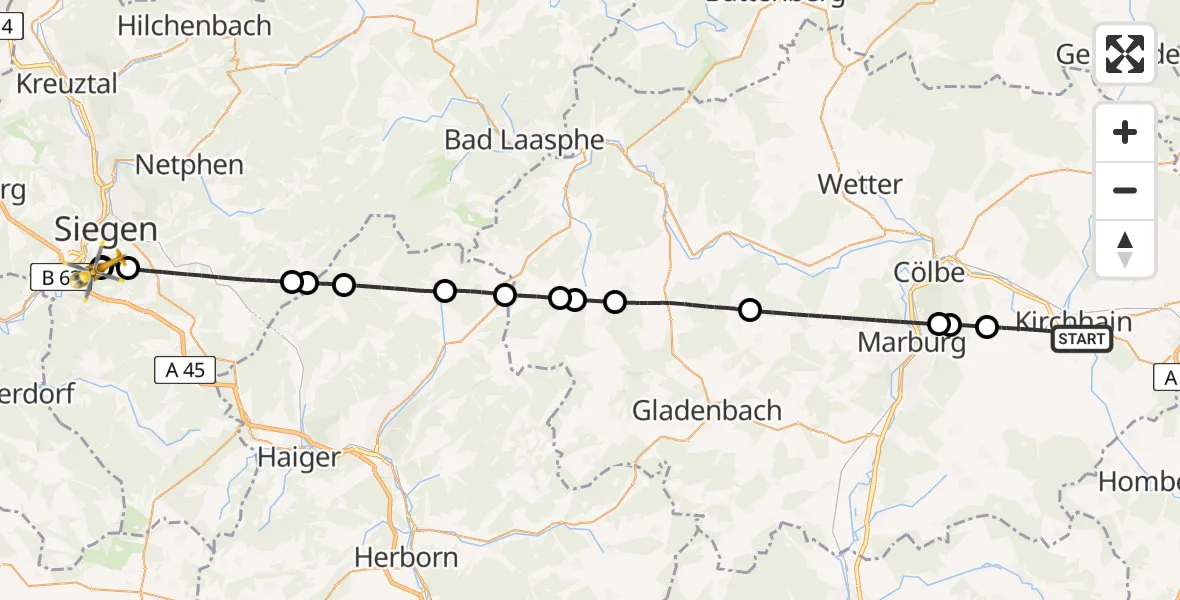 Flugroute Rettungshubschrauber Kirchhain - Evangelisches Jung-Stilling Hospital, 04 September 2026, 12:18