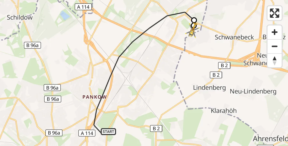 Flugroute Rettungshubschrauber Berlin - Helios Clinic Berlin-Buch, 04 September 2026, 12:19