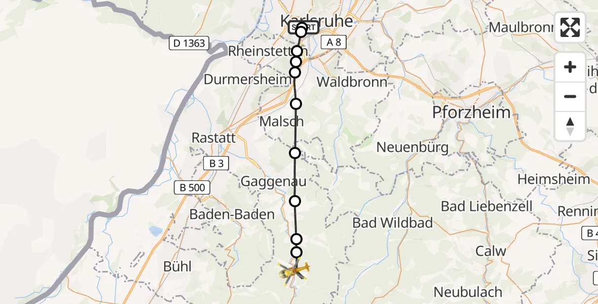 Flugroute Ambulanzhubschrauber Sankt Vincentius Hospital - Forbach, 04 September 2026, 12:40