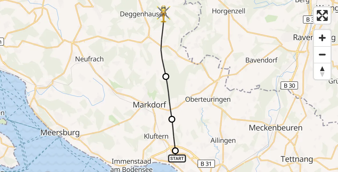 Flugroute Rettungshubschrauber Friedrichshafen Hospital - Deggenhausertal, 04 September 2026, 12:41