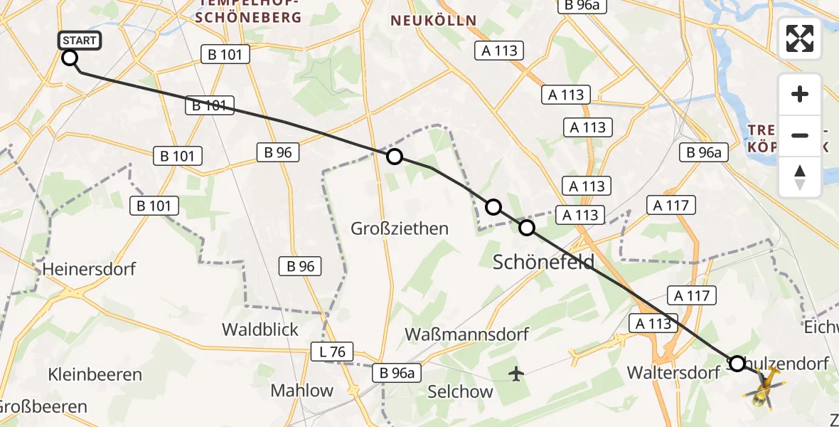 Flugroute Rettungshubschrauber Charité Clinic Benjamin Franklin Campus - Schulzendorf, 04 September 2026, 12:47
