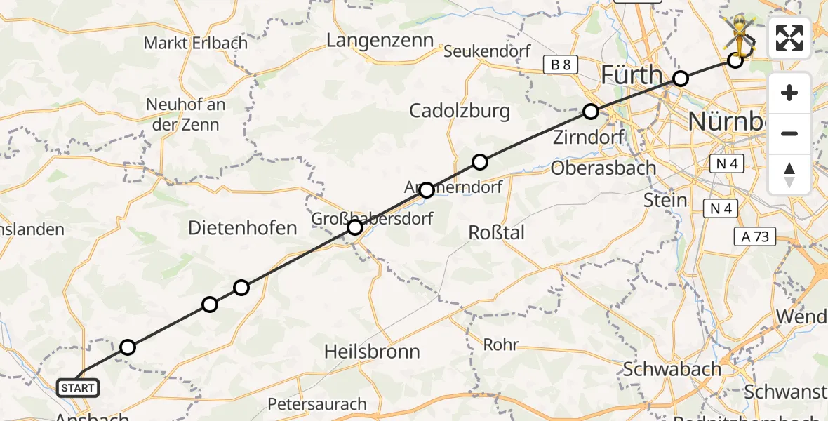 Flugroute Ambulanzhubschrauber Ansbach - Flughafen Nuremberg, 04 September 2026, 12:51