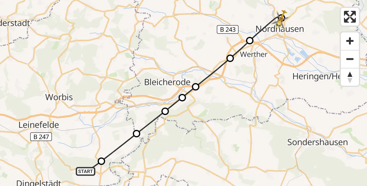 Flugroute Rettungshubschrauber Dingelstädt - Südharz Hospital Nordhausen, 04 September 2026, 12:59