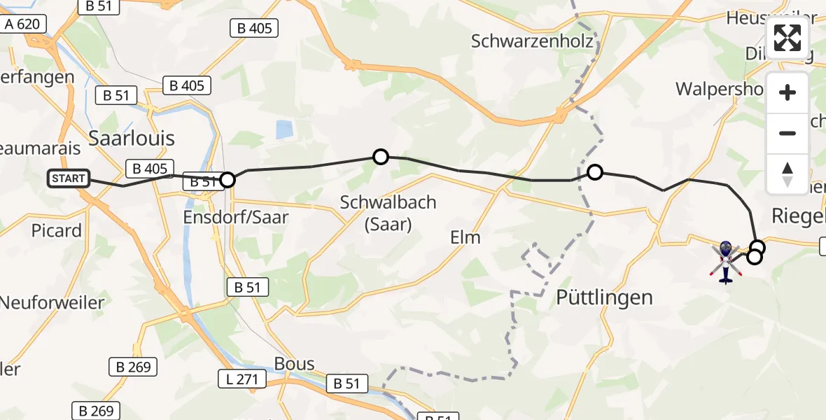 Flugroute Polizeihubschrauber Saarlouis - Püttlingen, 04 September 2026, 13:01