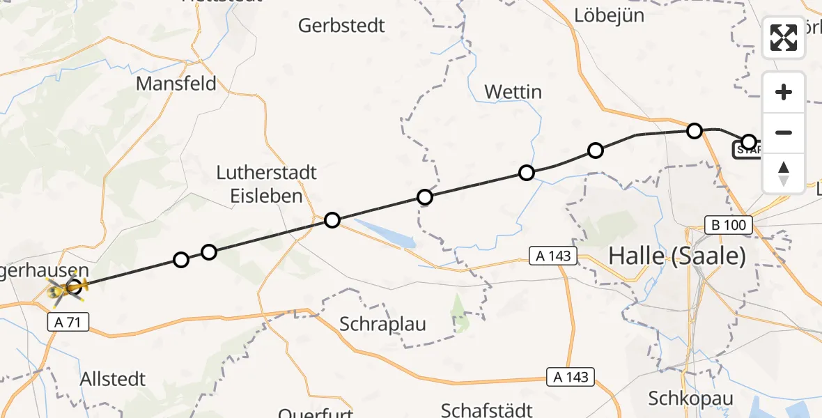 Flugroute Rettungshubschrauber Halle-Oppin Flugplatz - Sangerhausen, 04 September 2026, 13:12