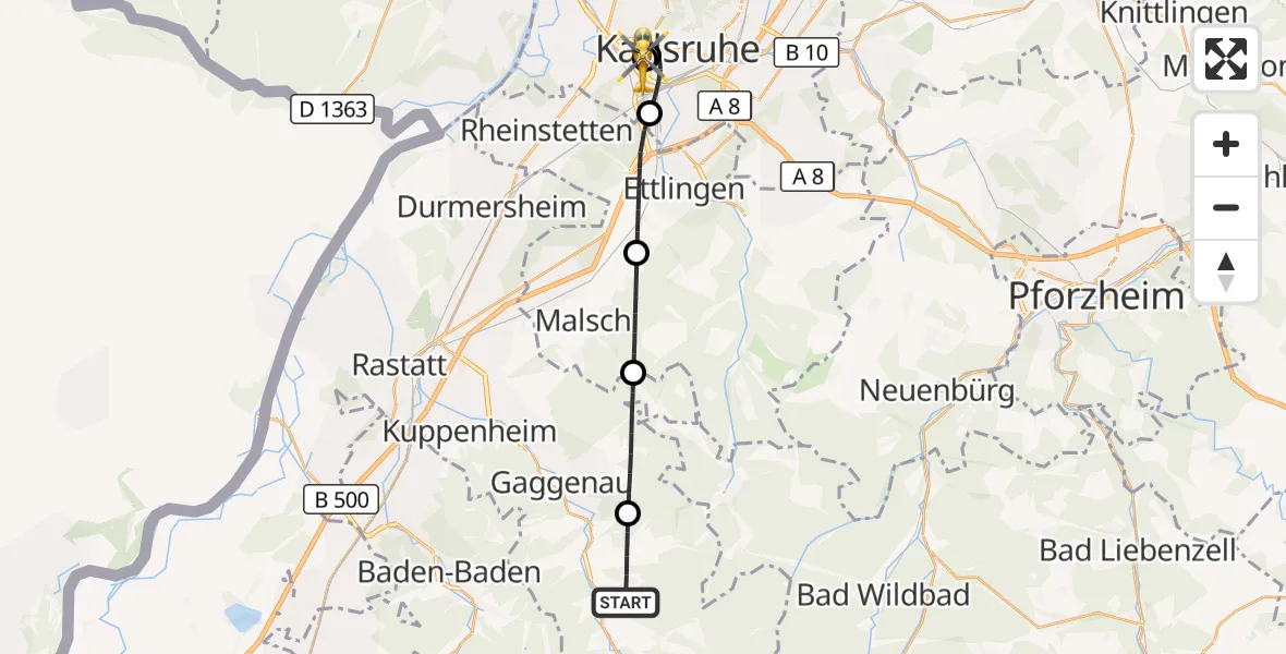 Flugroute Ambulanzhubschrauber Gernsbach - Sankt Vincentius Hospital, 04 September 2026, 13:16
