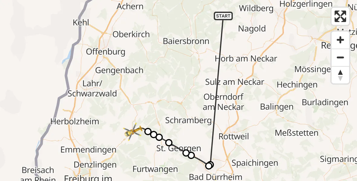 Flugroute Ambulanzhubschrauber Altensteig - Elzach, 04 September 2026, 13:26