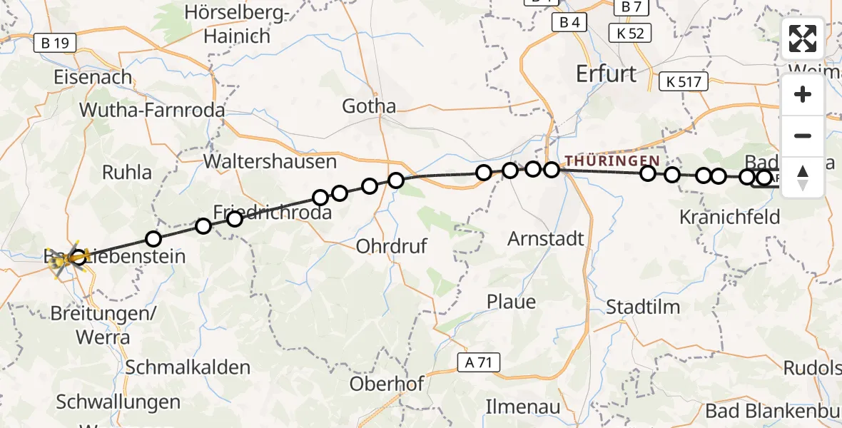 Flugroute Ambulanzhubschrauber DRF Rettungsstation Bad Berka Hubschrauberlandeplatz - Barchfeld-Immelborn, 04 September 2026, 13:27
