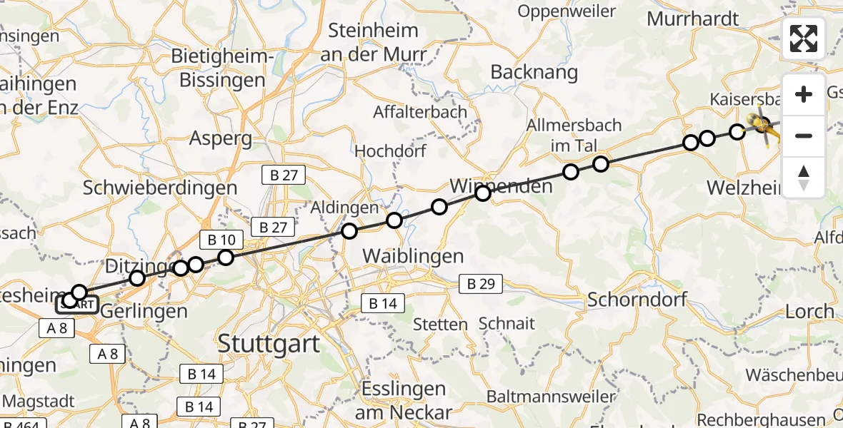 Flugroute Rettungshubschrauber Leonberg Hospital - Kaisersbach, 04 September 2026, 13:28