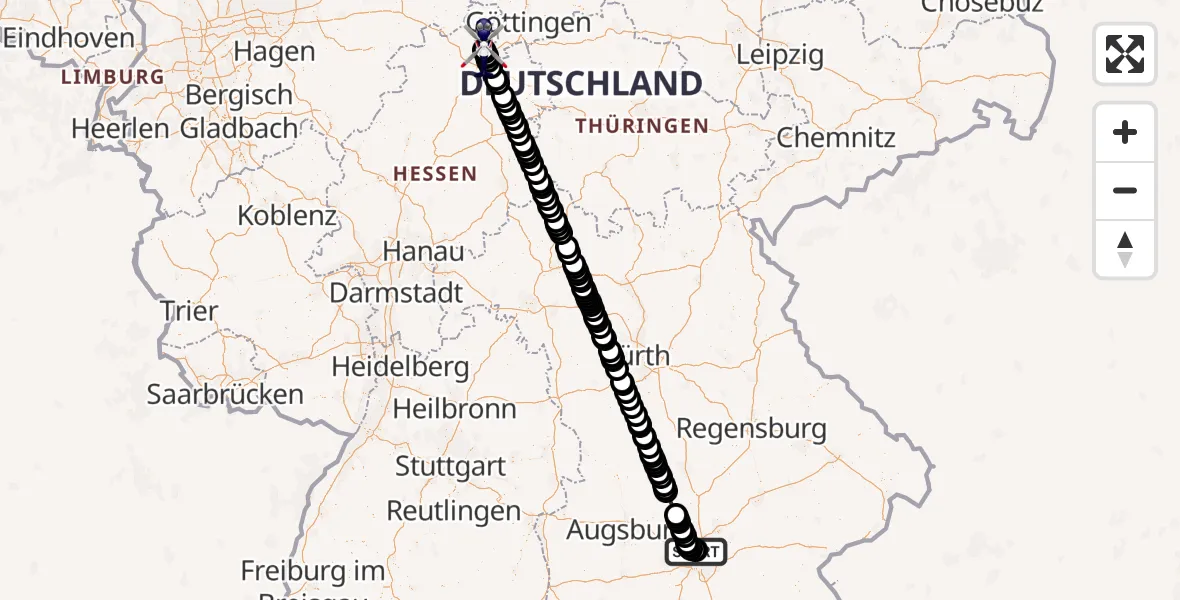 Flugroute Polizeihubschrauber Oberschleissheim Hubschrauberlandeplatz - Fuldatal Bundespolizei Hubschrauberlandeplatz, 04 September 2026, 13:43