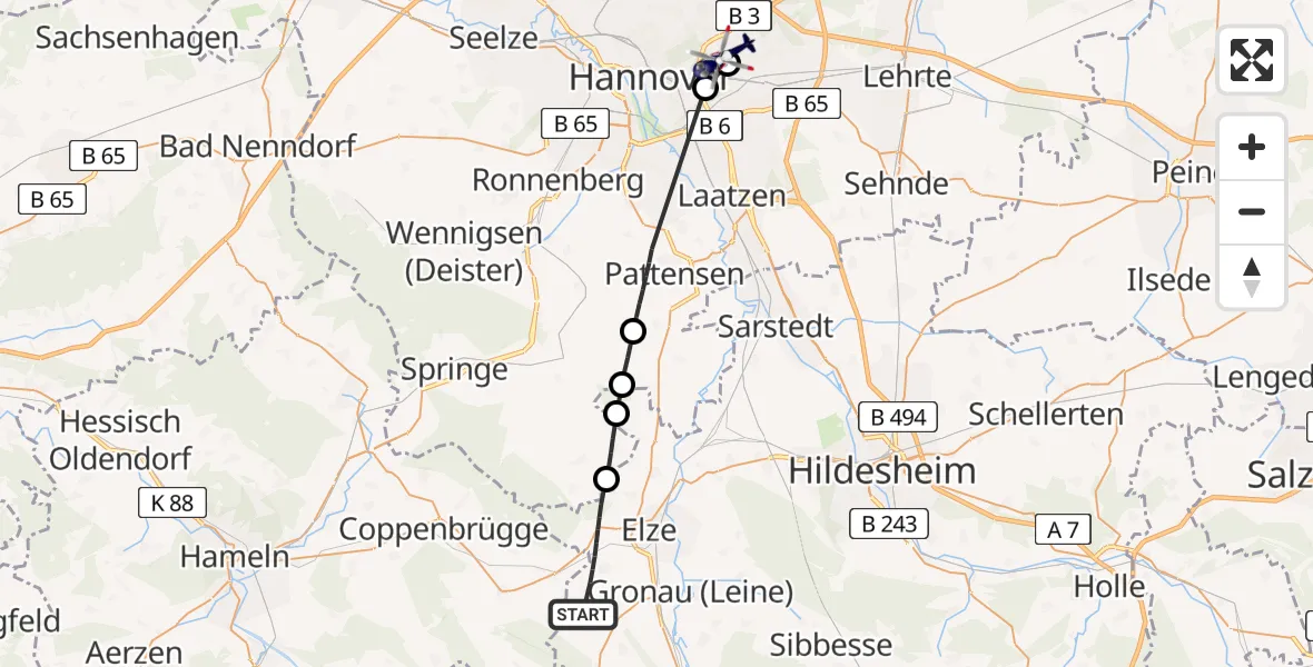 Flugroute Polizeihubschrauber Elze - Hannover Luftrettung Hubschrauberlandeplatz (Christoph 4), 04 September 2026, 13:48
