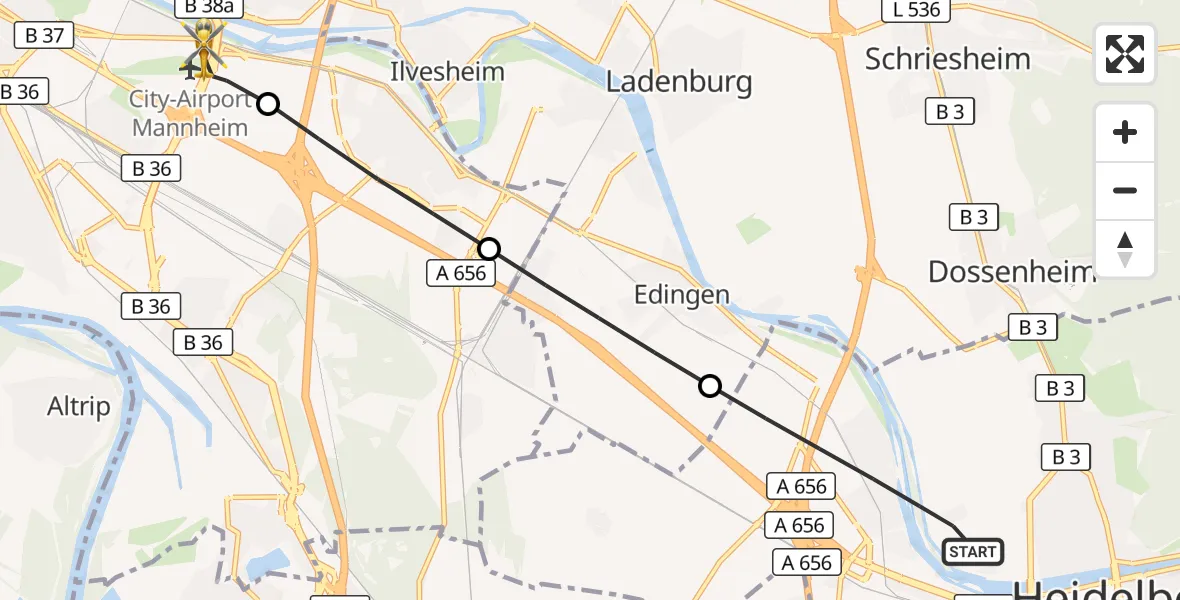 Flugroute Rettungshubschrauber Heidelberg - Mannheim-City Flughafen, 04 September 2026, 13:48