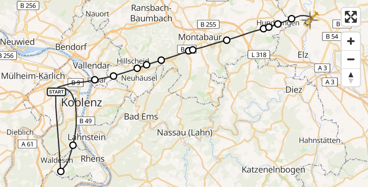 Flugroute Rettungshubschrauber Koblenz - Hadamar, 04 September 2026, 13:54