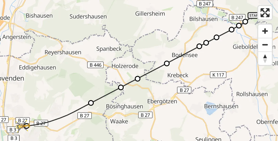 Flugroute Rettungshubschrauber Wulften am Harz - Göttingen University Clinic Hubschrauberlandeplatz, 04 September 2026, 13:58