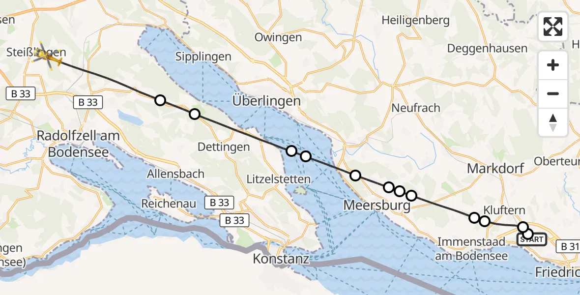 Flugroute Rettungshubschrauber Friedrichshafen Hospital - Radolfzell am Bodensee, 04 September 2026, 14:00