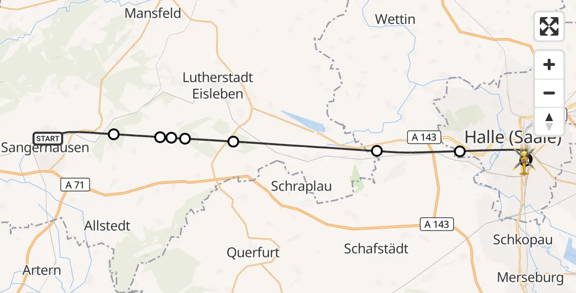 Flugroute Rettungshubschrauber Sangerhausen - BG Hospital Bergmannstrost Halle, 04 September 2026, 14:02