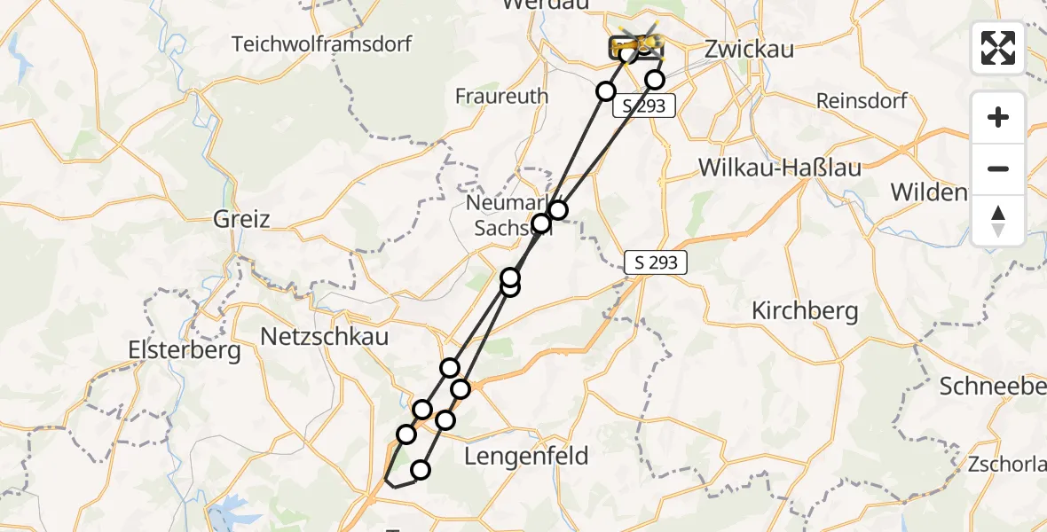 Flugroute Rettungshubschrauber ADAC Air Rescue Station Zwickau Hubschrauberlandeplatz - ADAC Air Rescue Station Zwickau Hubschrauberlandeplatz, 04 September 2026, 14:05