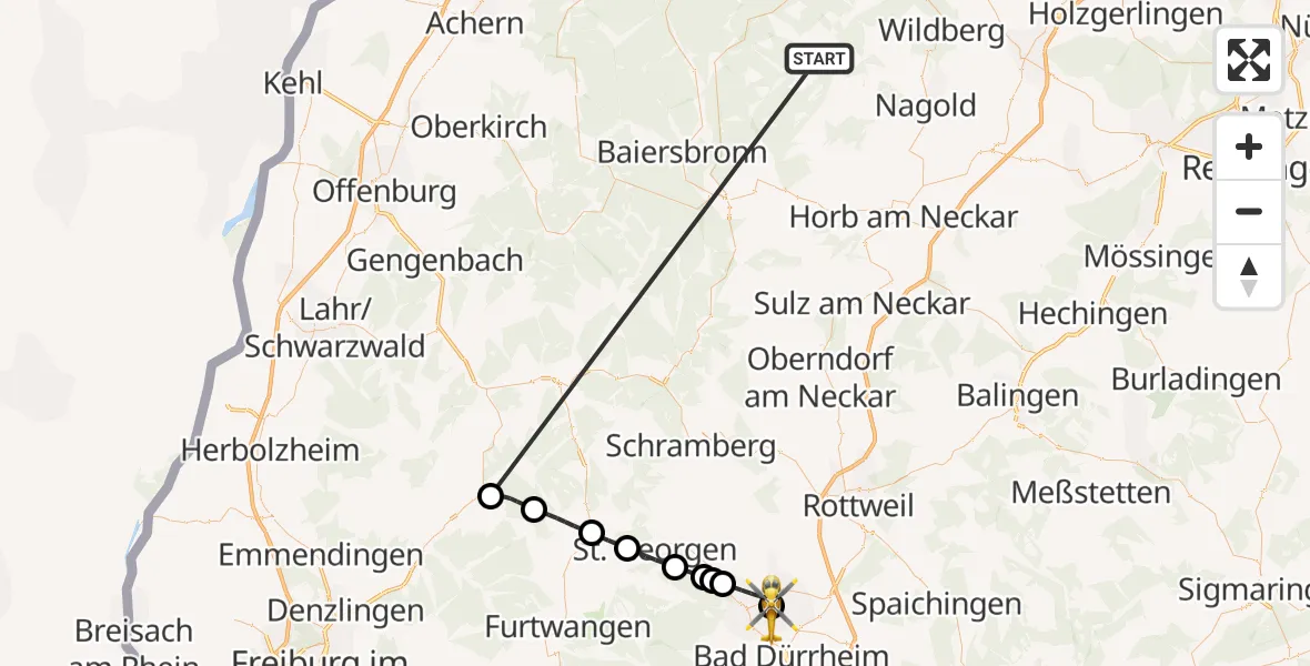 Flugroute Ambulanzhubschrauber Altensteig - DRF Air Rescue Station Villingen-Schwenningen Hubschrauberlandeplatz (Christoph 11), 04 September 2026, 14:11