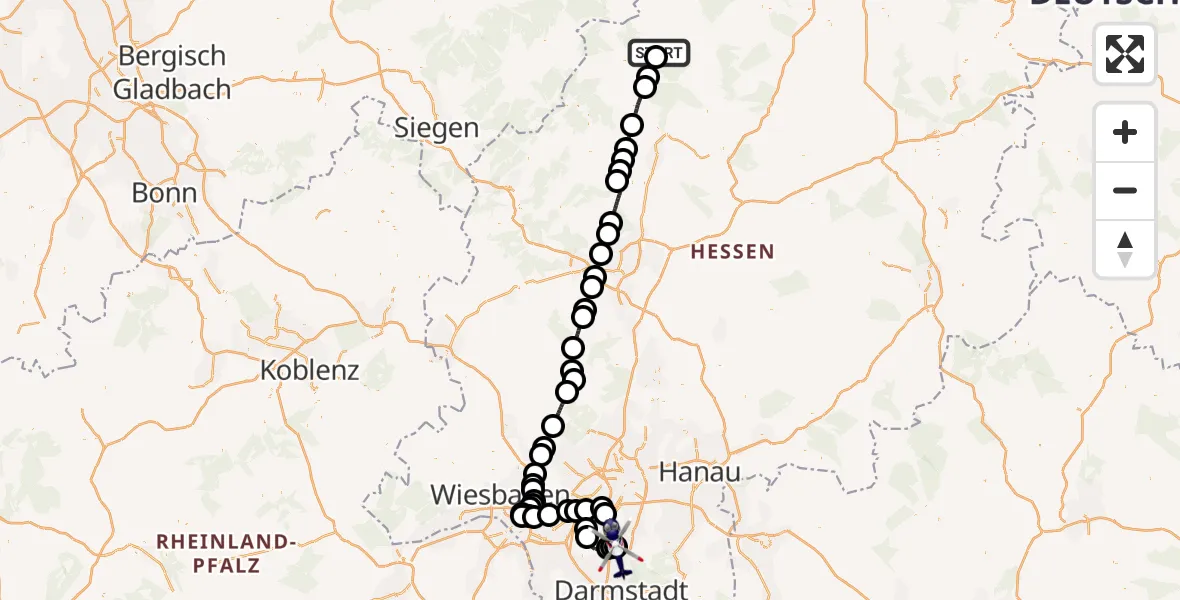 Flugroute Polizeihubschrauber Frankenberg (Eder) - Flughafen Frankfurt-Egelsbach, 04 September 2026, 14:11