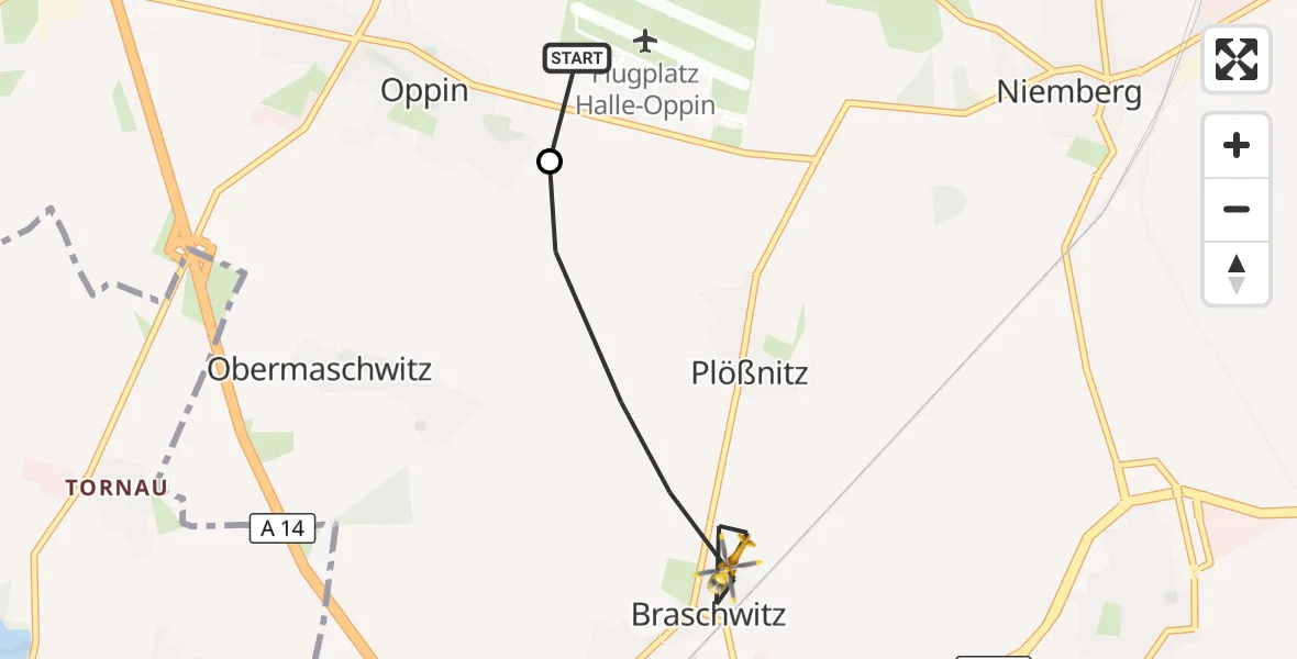 Flugroute Rettungshubschrauber Halle-Oppin Flugplatz - Landsberg, 04 September 2026, 14:32