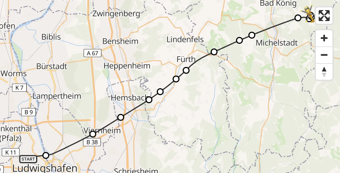 Flugroute Rettungshubschrauber Ludwigshafen am Rhein - Vielbrunn Flugplatz, 04 September 2026, 14:35