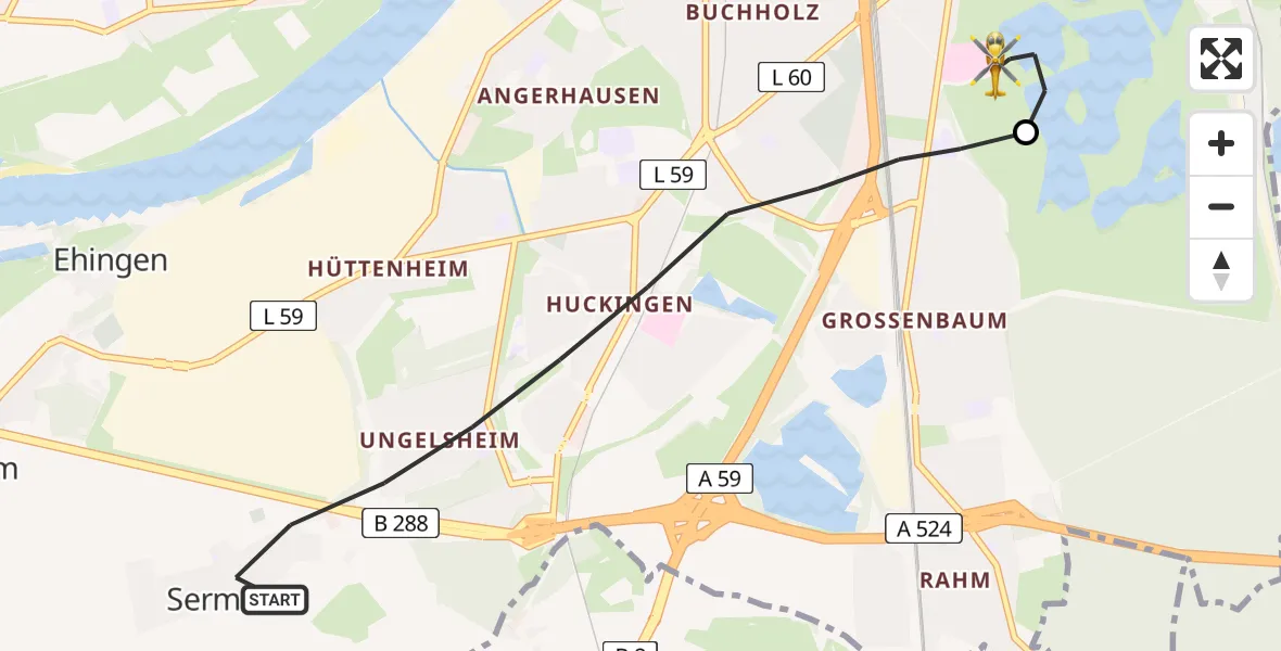 Flugroute Rettungshubschrauber Duisburg - Duisburg Air Rescue Hubschrauberlandeplatz (Christoph 9), 04 September 2026, 14:45