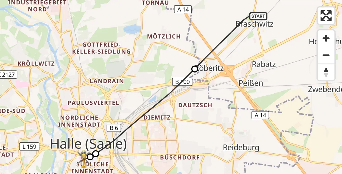 Flugroute Rettungshubschrauber Landsberg - Sankt Elisabeth and Sankt Barbara Hospital Halle (Saale), 04 September 2026, 14:59