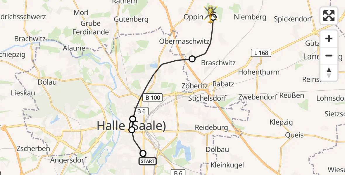 Flugroute Rettungshubschrauber BG Hospital Bergmannstrost Halle - Halle-Oppin Flugplatz, 04 September 2026, 15:03