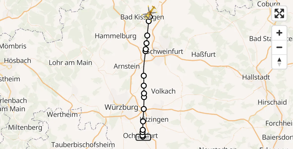 Flugroute Rettungshubschrauber Ochsenfurt Hospital - Nüdlingen, 04 September 2026, 15:03
