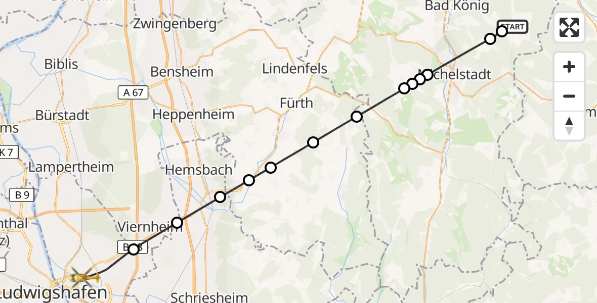 Flugroute Rettungshubschrauber Vielbrunn Flugplatz - Mannheim, 04 September 2026, 15:10