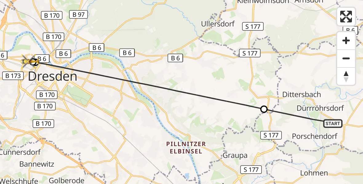 Flugroute Rettungshubschrauber Dürrröhrsdorf-Dittersbach - Dresden Friedrichstadt Hospital, 04 September 2026, 15:13
