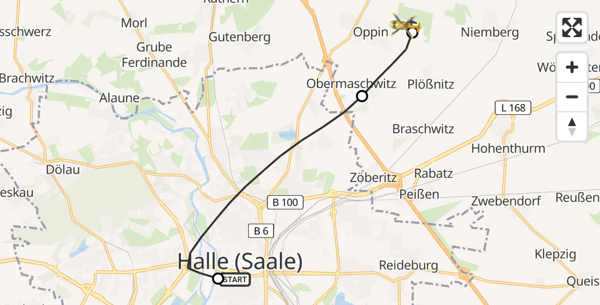Flugroute Rettungshubschrauber Sankt Elisabeth and Sankt Barbara Hospital Halle (Saale) - Halle-Oppin Flugplatz, 04 September 2026, 15:22