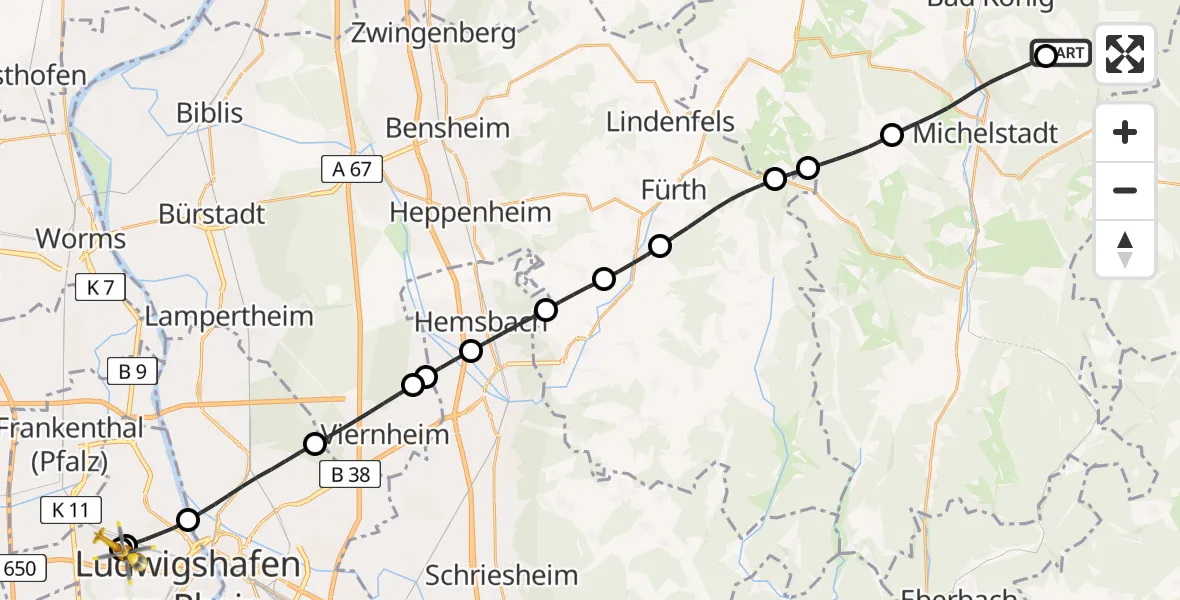 Flugroute Rettungshubschrauber Bad König - Ludwigshafen Accident Hospital, 04 September 2026, 15:22