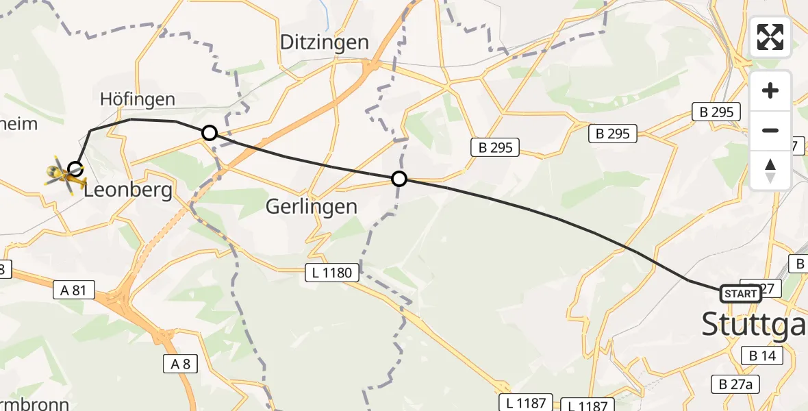 Flugroute Rettungshubschrauber Stuttgart - Leonberg Hospital, 04 September 2026, 15:23